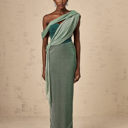 Raven Green Maxi Dress Sleeveless Mono Shoulder Bustier Style Metallic Effect Rear Slit Ribbon Design Rear Zip Fastening Luxurious Terylene Fiber Glamorous Look