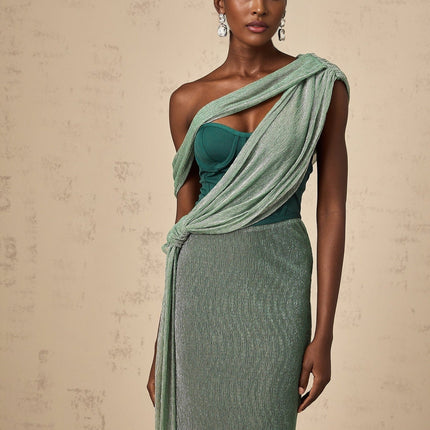 Raven Green Maxi Dress Sleeveless Mono Shoulder Metallic Effect Rear Slit Ribbon Design