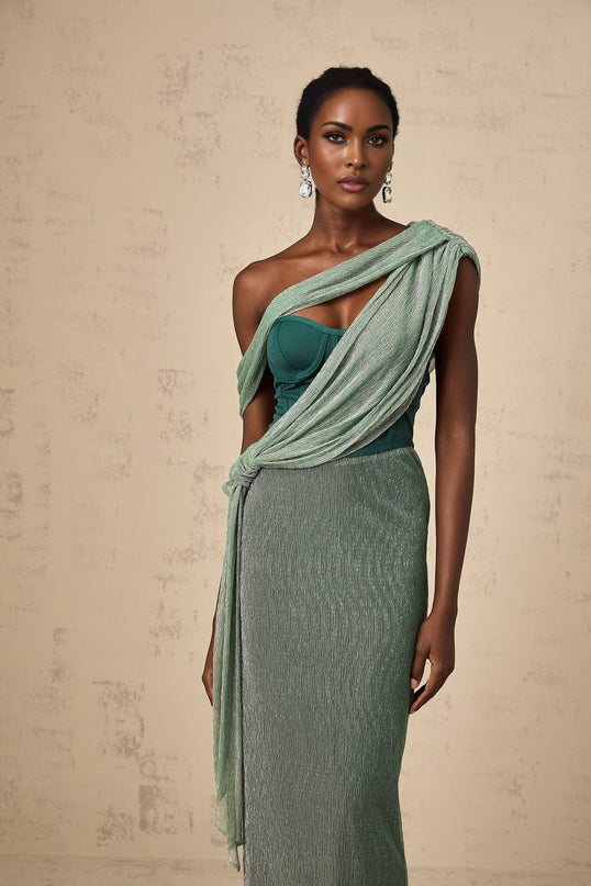 Raven Green Maxi Dress Sleeveless Mono Shoulder Metallic Effect Rear Slit Ribbon Design