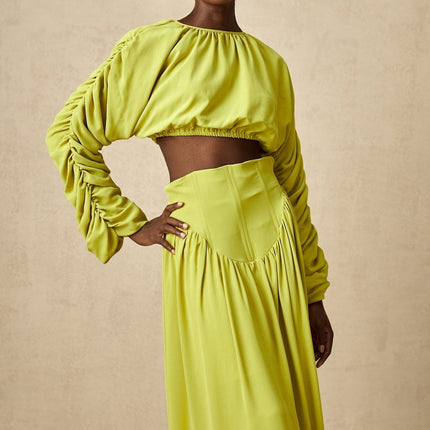 Raven Lime Green Smocked Crop Top and Pleated Maxi Skirt Set