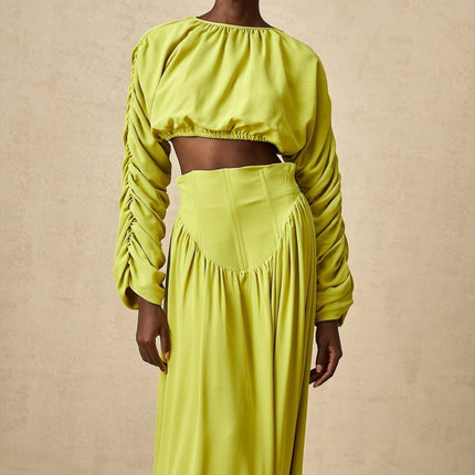 Raven Lime Green Smocked Top and Pleated Maxi Skirt Set