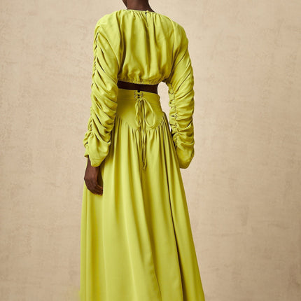 Raven Lime Green Smocked Top and Pleated Maxi Skirt Set