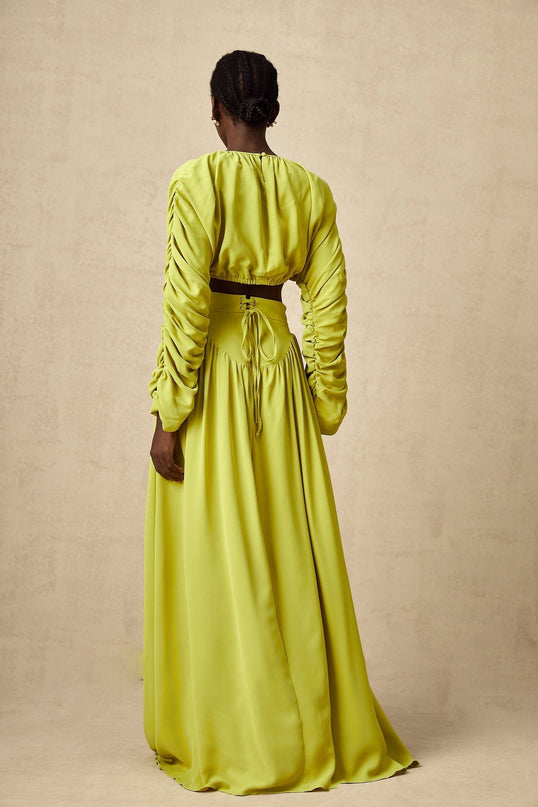 Raven Lime Green Smocked Top and Pleated Maxi Skirt Set