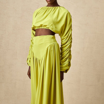Raven Lime Green Smocked Top and Pleated Maxi Skirt Set