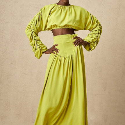Raven Lime Green Smocked Top and Pleated Maxi Skirt Set
