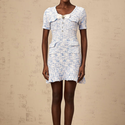 Rebecca Blue White Knit Mini Dress with Crystal Embellished Bow and Check Pattern