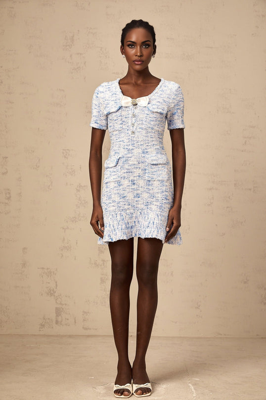 Rebecca Blue White Knit Mini Dress with Crystal Embellished Bow and Check Pattern