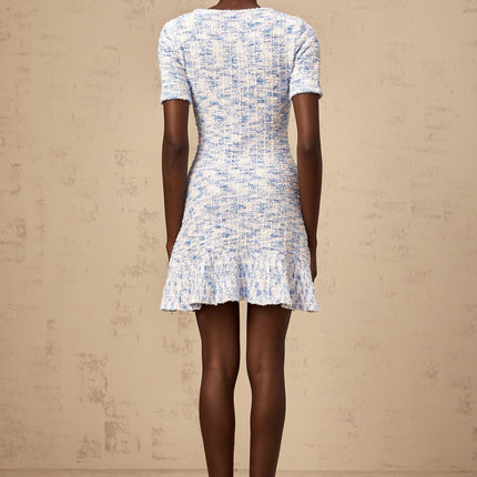 Rebecca Blue White Knit Mini Dress with Crystal Embellished Bow Detailing and Check Pattern
