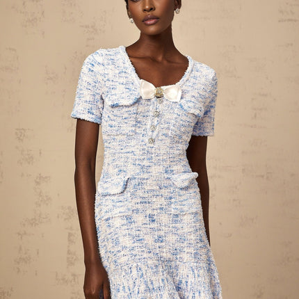 Rebecca Blue White Knit Mini Dress with Crystal Embellished Bow Detailing and Check Pattern
