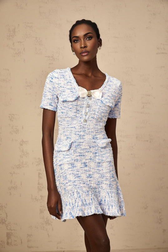 Rebecca Blue White Knit Mini Dress with Crystal Embellished Bow Detailing and Check Pattern