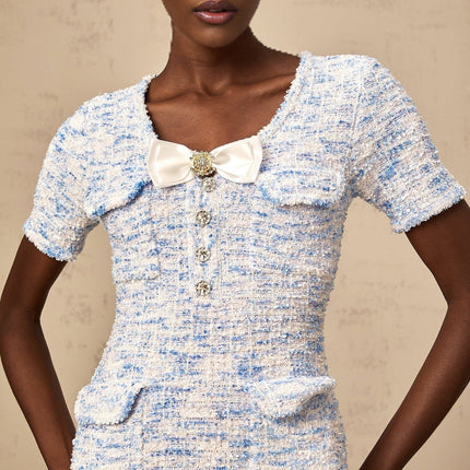 Rebecca Blue White Knit Mini Dress with Crystal Embellished Bow Detailing and Check Pattern