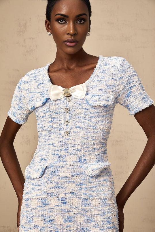Rebecca Blue White Knit Mini Dress with Crystal Embellished Bow Detailing and Check Pattern