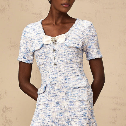 Rebecca Blue and White Knitted Mini Dress with Crystal Embellished Bow Detailing