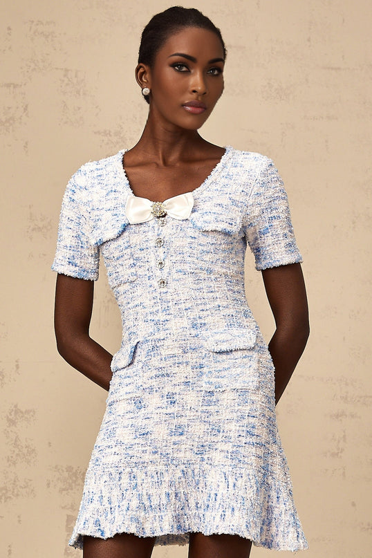 Rebecca Blue and White Knitted Mini Dress with Crystal Embellished Bow Detailing