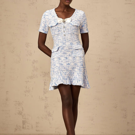 Rebecca Blue and White Knitted Mini Dress with Crystal Embellished Bow Detailing