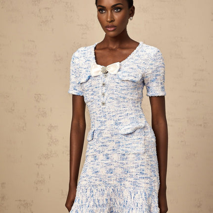 Rebecca Blue White Knitted Mini Dress with Crystal Embellished Bow Detailing