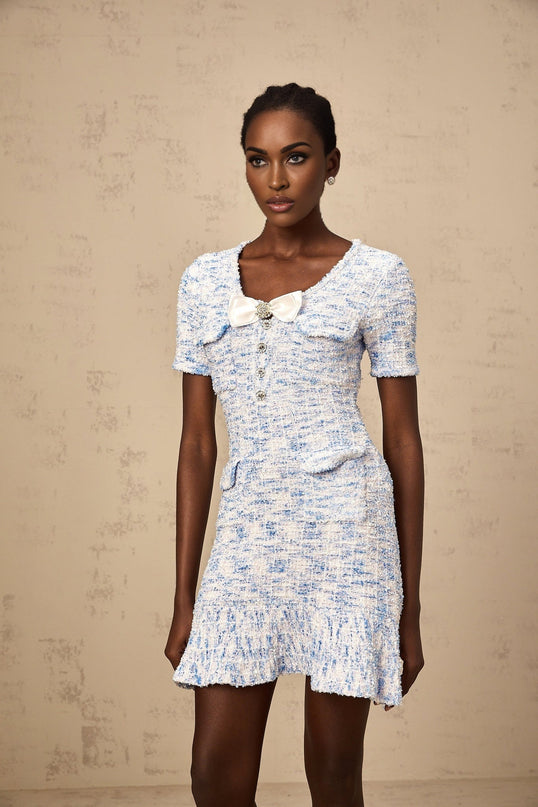 Rebecca Blue White Knitted Mini Dress with Crystal Embellished Bow Detailing