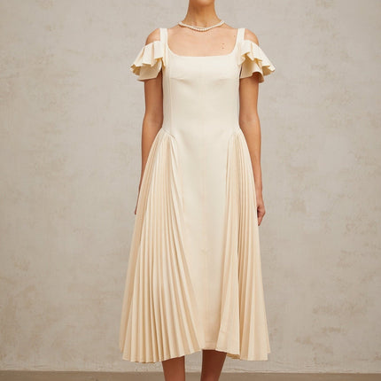 Rebecca Flutter Sleeve Pleated Midi Dress in Neutrals