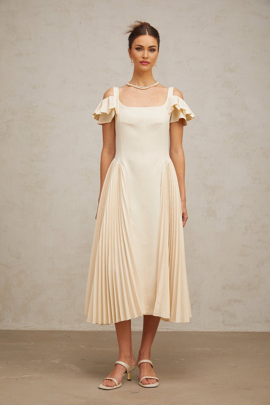 Rebecca Flutter Sleeve Pleated Midi Dress in Neutrals