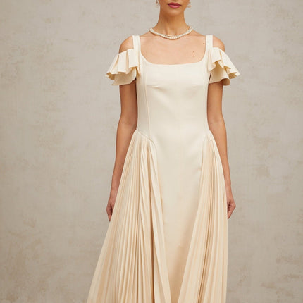 Rebecca Flutter Sleeve Pleated Midi Dress in Neutrals