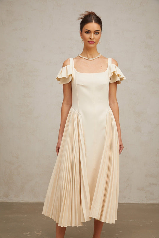 Rebecca Flutter Sleeve Pleated Midi Dress in Neutrals