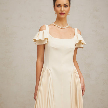 Rebecca Flutter Sleeve Pleated Midi Dress in Neutrals