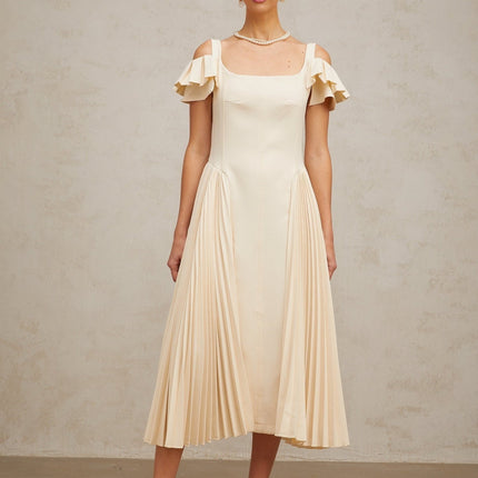 Rebecca Flutter Sleeve Pleated Midi Dress in Neutrals