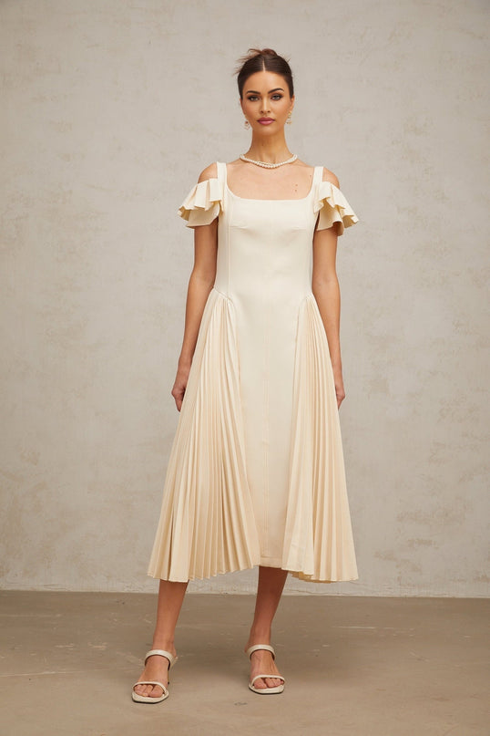 Rebecca Flutter Sleeve Pleated Midi Dress in Neutrals