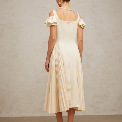 Rebecca Flutter Sleeve Pleated Midi Dress in Neutrals