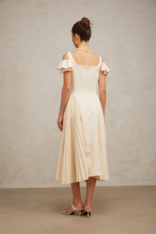Rebecca Flutter Sleeve Pleated Midi Dress in Neutrals