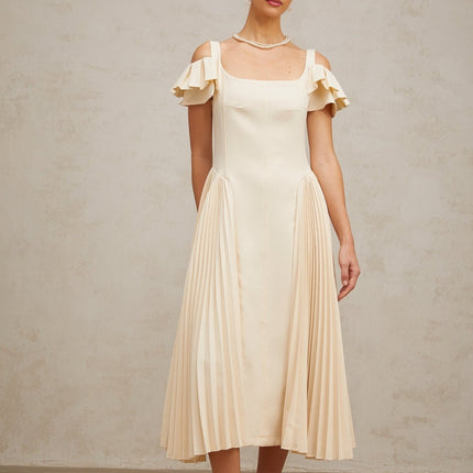 Rebecca Flutter Sleeve Pleated Midi Dress in Neutrals
