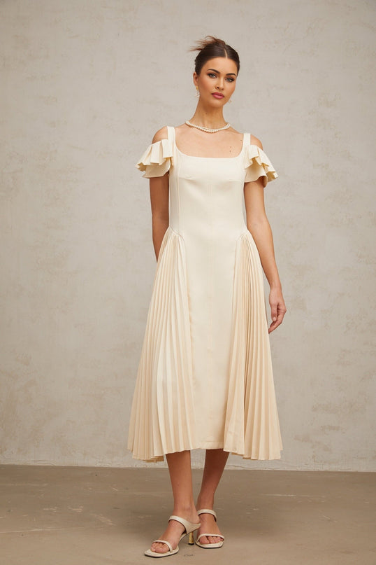 Rebecca Flutter Sleeve Pleated Midi Dress in Neutrals