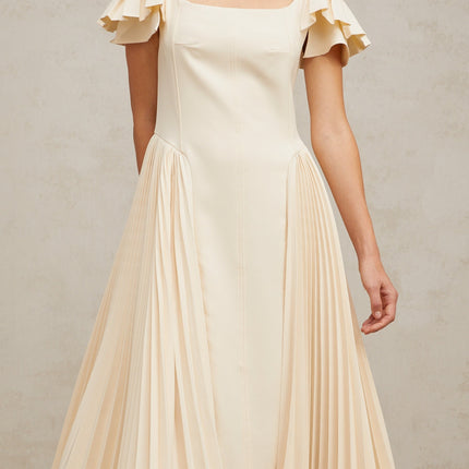 Rebecca Flutter Sleeve Pleated Midi Dress in Neutrals