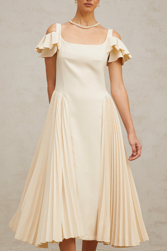 Rebecca Flutter Sleeve Pleated Midi Dress in Neutrals