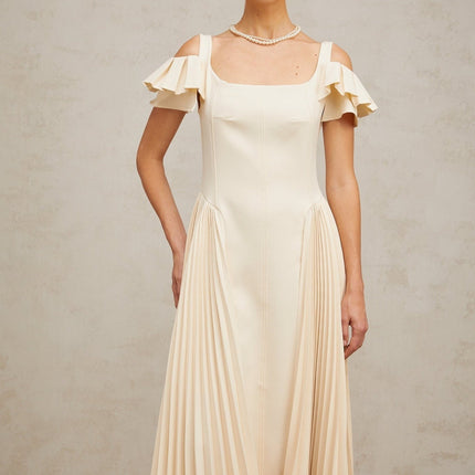 Rebecca Flutter Sleeve Pleated Midi Dress in Neutrals