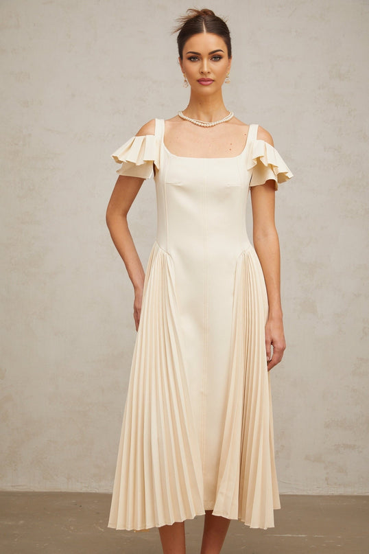 Rebecca Flutter Sleeve Pleated Midi Dress in Neutrals