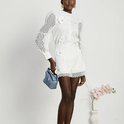 Rebecca White Blouse and Shorts Faux Flower Crystal Set