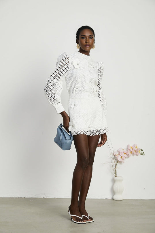 Rebecca White Blouse and Shorts Faux Flower Crystal Set