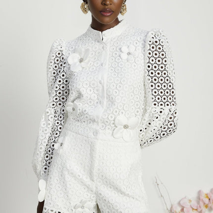 Rebecca White Blouse and Shorts Faux Flower Crystal Set