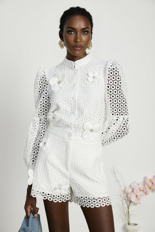Rebecca White Blouse and Shorts Faux Flower Crystal Set