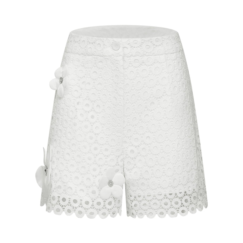 Rebecca White Blouse and Shorts Faux Flower Crystal Set