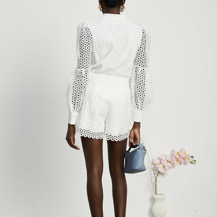Rebecca White Blouse and Shorts Faux Flower Crystal Set