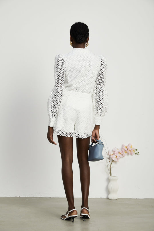 Rebecca White Blouse and Shorts Faux Flower Crystal Set