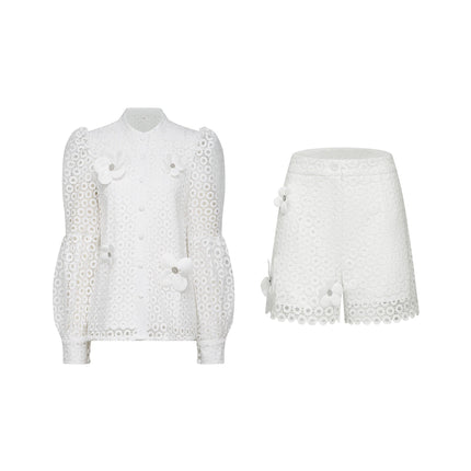 Rebecca White Blouse & Shorts Faux Flower Crystal Set