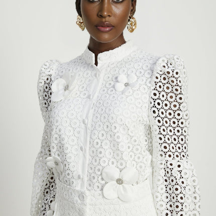 Rebecca White Blouse and Shorts Faux Flower Crystal Set