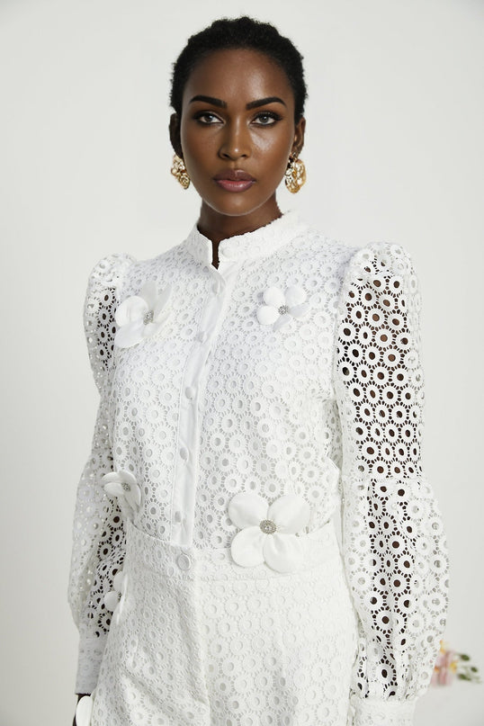 Rebecca White Blouse and Shorts Faux Flower Crystal Set