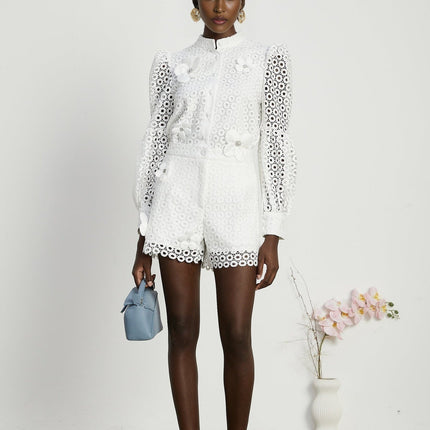 Rebecca White Blouse and Shorts Faux Flower Crystal Set