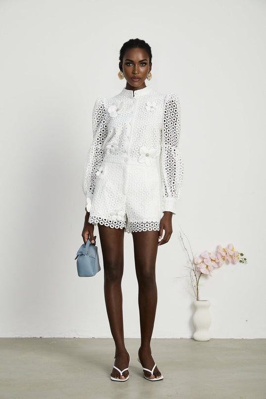 Rebecca White Blouse and Shorts Faux Flower Crystal Set