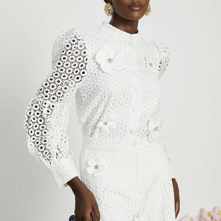 Rebecca White Blouse and Shorts Faux Flower Crystal Set
