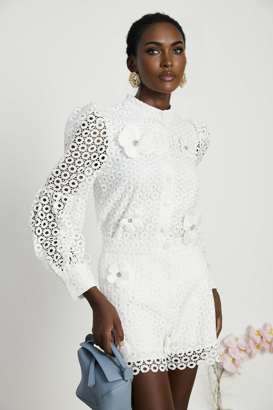 Rebecca White Blouse and Shorts Faux Flower Crystal Set